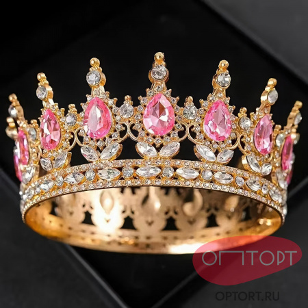 Топпер корона на торт, золото (15 см, Розовые камни)